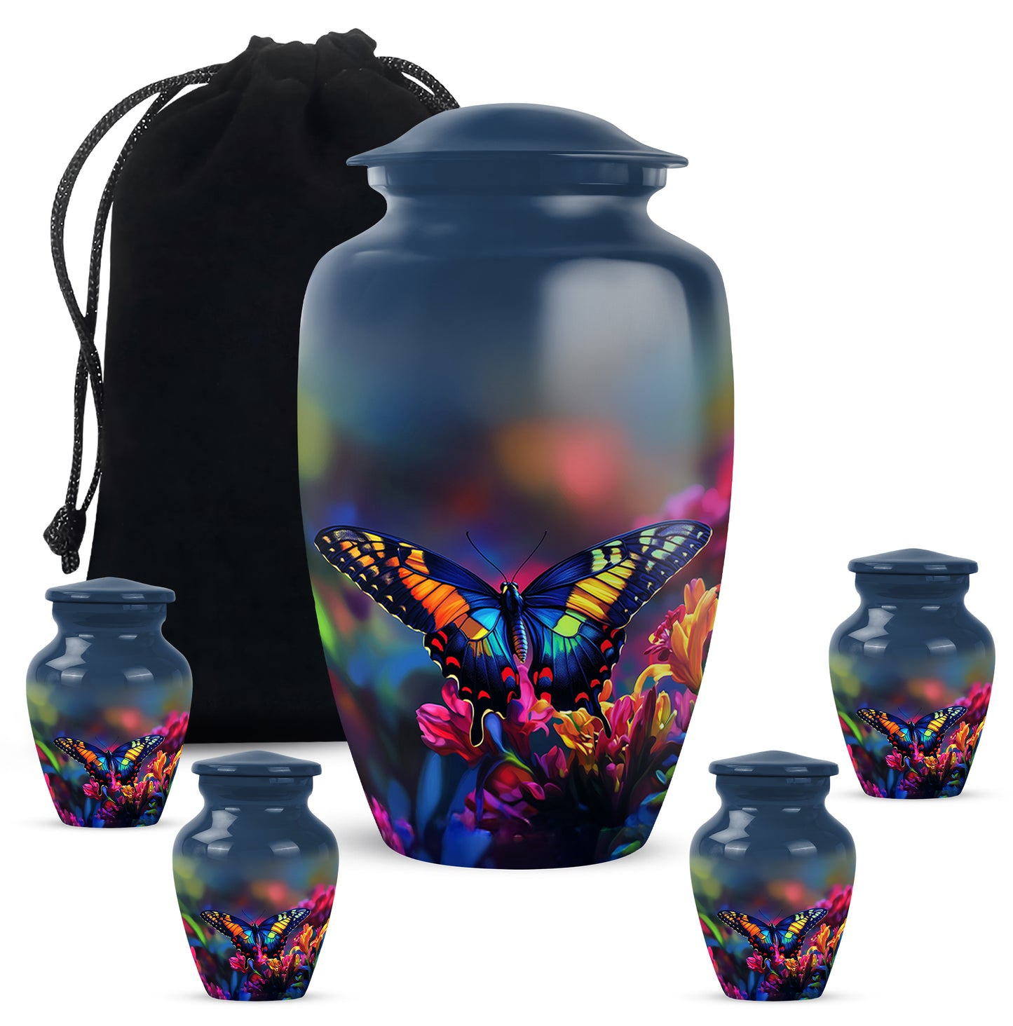 Sky Blue Butterfly Cremation Urn top-down view of secure threaded lid - classic sculpted butterfly pattern on smooth aluminum - memorial set with one large and four small urns