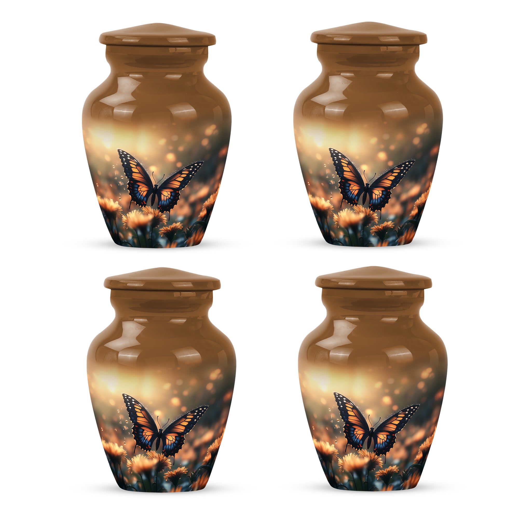 Antique Gold Butterfly Cremation Urn side profile showing urn shape - classic sculpted butterfly pattern on smooth aluminum - 10 inch aluminum urn for cremated remains