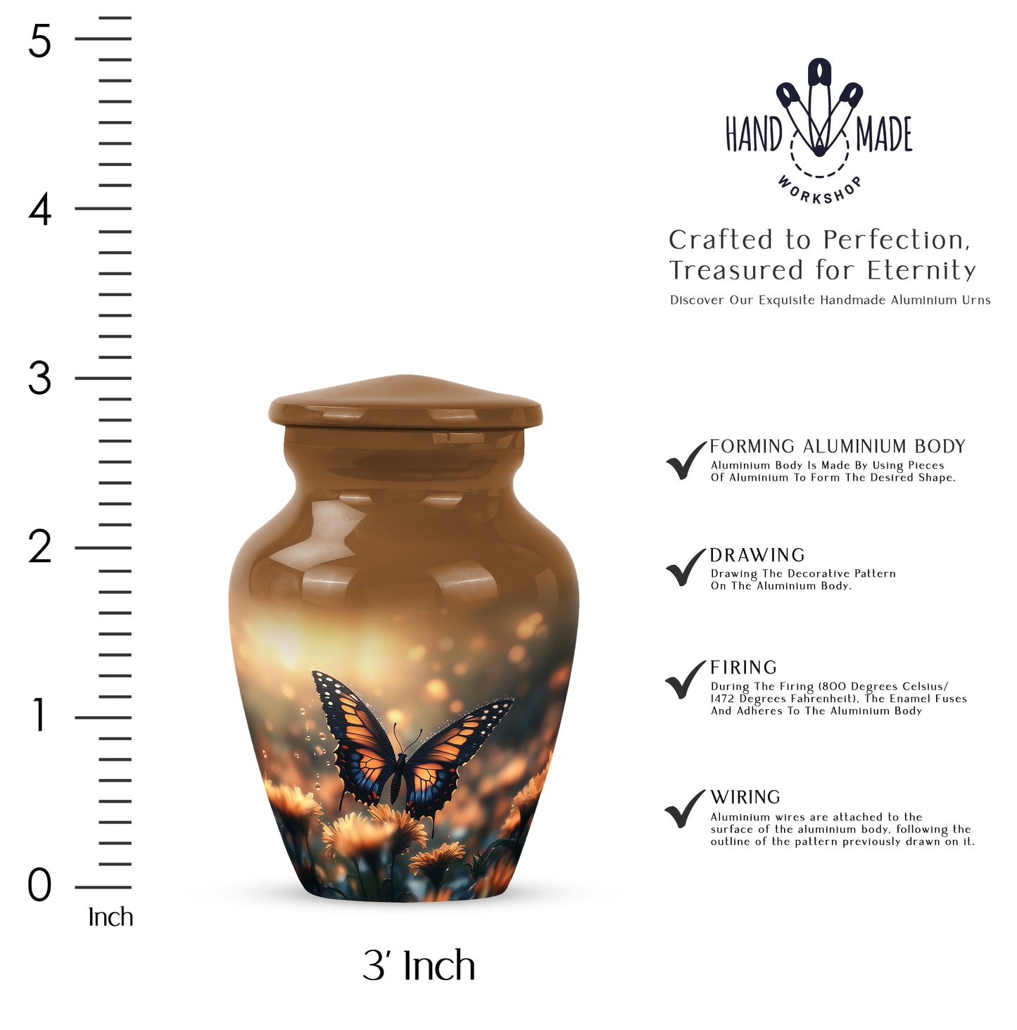 Champagne Gold Butterfly Cremation Urn close-up of engraving and surface detail - classic sculpted butterfly pattern on smooth aluminum - mini keepsake memorial for portion of cremation ashes