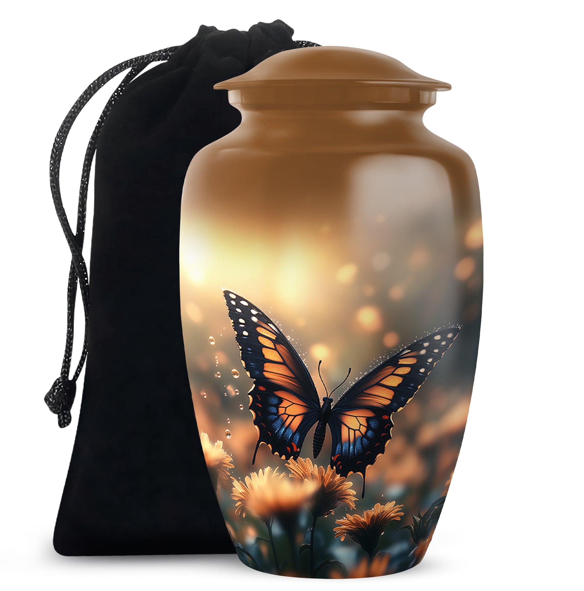Royal Gold Butterfly Cremation Urn angled view of lid and engraved motif - elegant classic butterfly relief with fine detailing - full-size 10 inch 200 cubic inch adult cremation urn