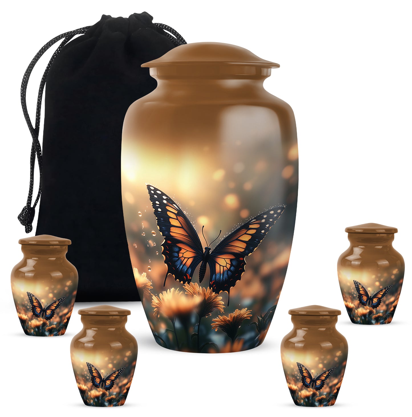 Gilded Gold Butterfly Cremation Urn top-down view of secure threaded lid - classic sculpted butterfly pattern on smooth aluminum - memorial set with one large and four small urns