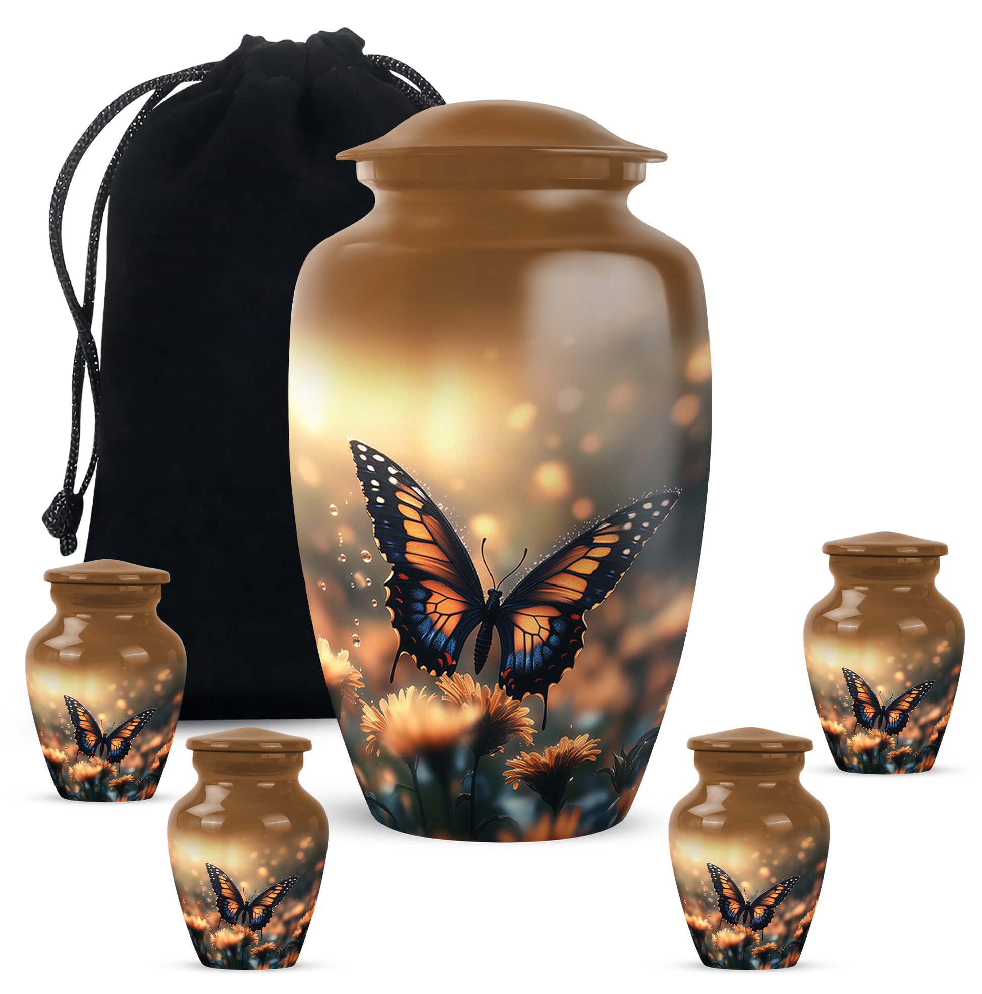 Gilded Gold Butterfly Cremation Urn top-down view of secure threaded lid - classic sculpted butterfly pattern on smooth aluminum - memorial set with one large and four small urns