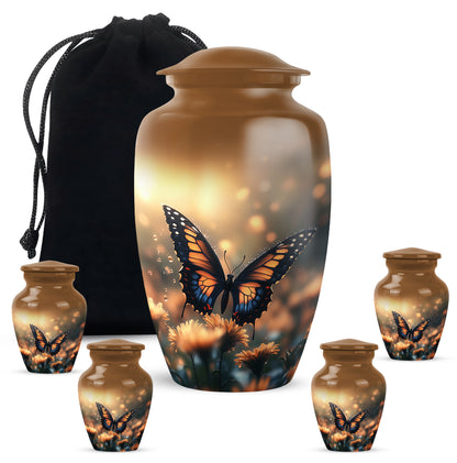 Gilded Gold Butterfly Cremation Urn top-down view of secure threaded lid - classic sculpted butterfly pattern on smooth aluminum - memorial set with one large and four small urns