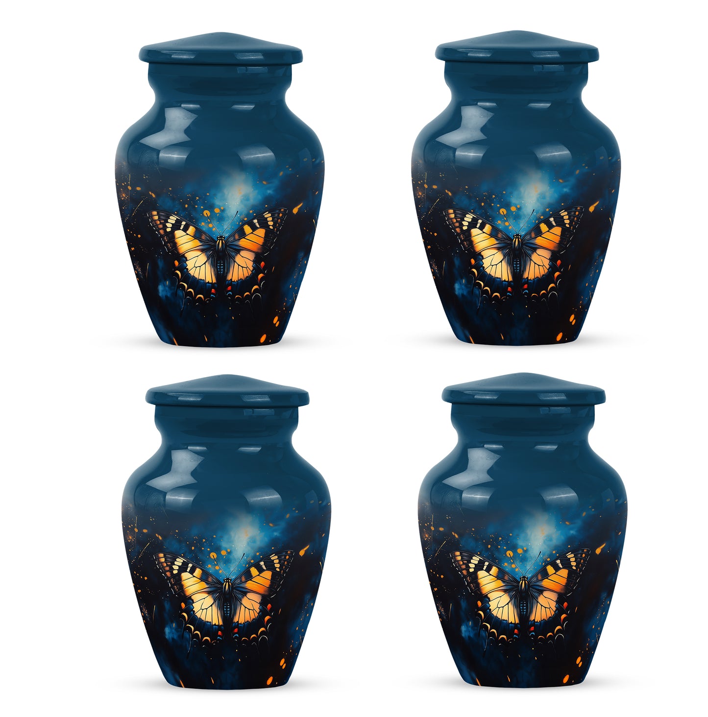 Sky Blue Butterfly Cremation Urn side profile showing urn shape - classic sculpted butterfly pattern on smooth aluminum - 10 inch aluminum urn for cremated remains