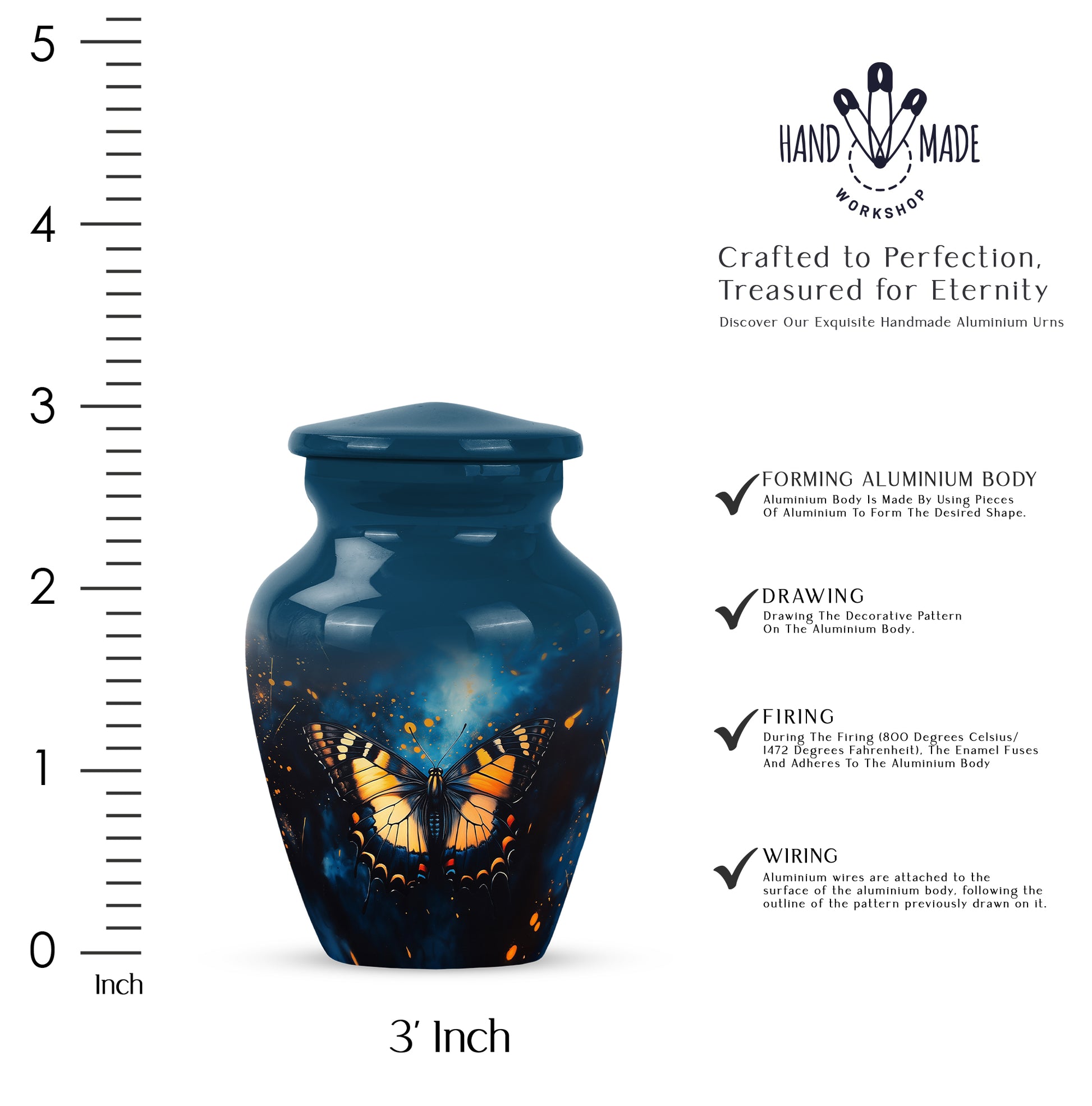 Sky Blue Butterfly Cremation Urn close-up of engraving and surface detail - classic sculpted butterfly pattern on smooth aluminum - mini keepsake memorial for portion of cremation ashes