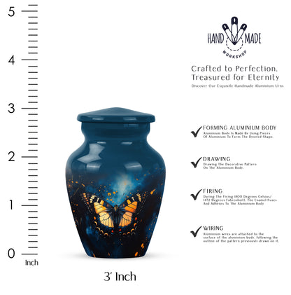 Sky Blue Butterfly Cremation Urn close-up of engraving and surface detail - classic sculpted butterfly pattern on smooth aluminum - mini keepsake memorial for portion of cremation ashes