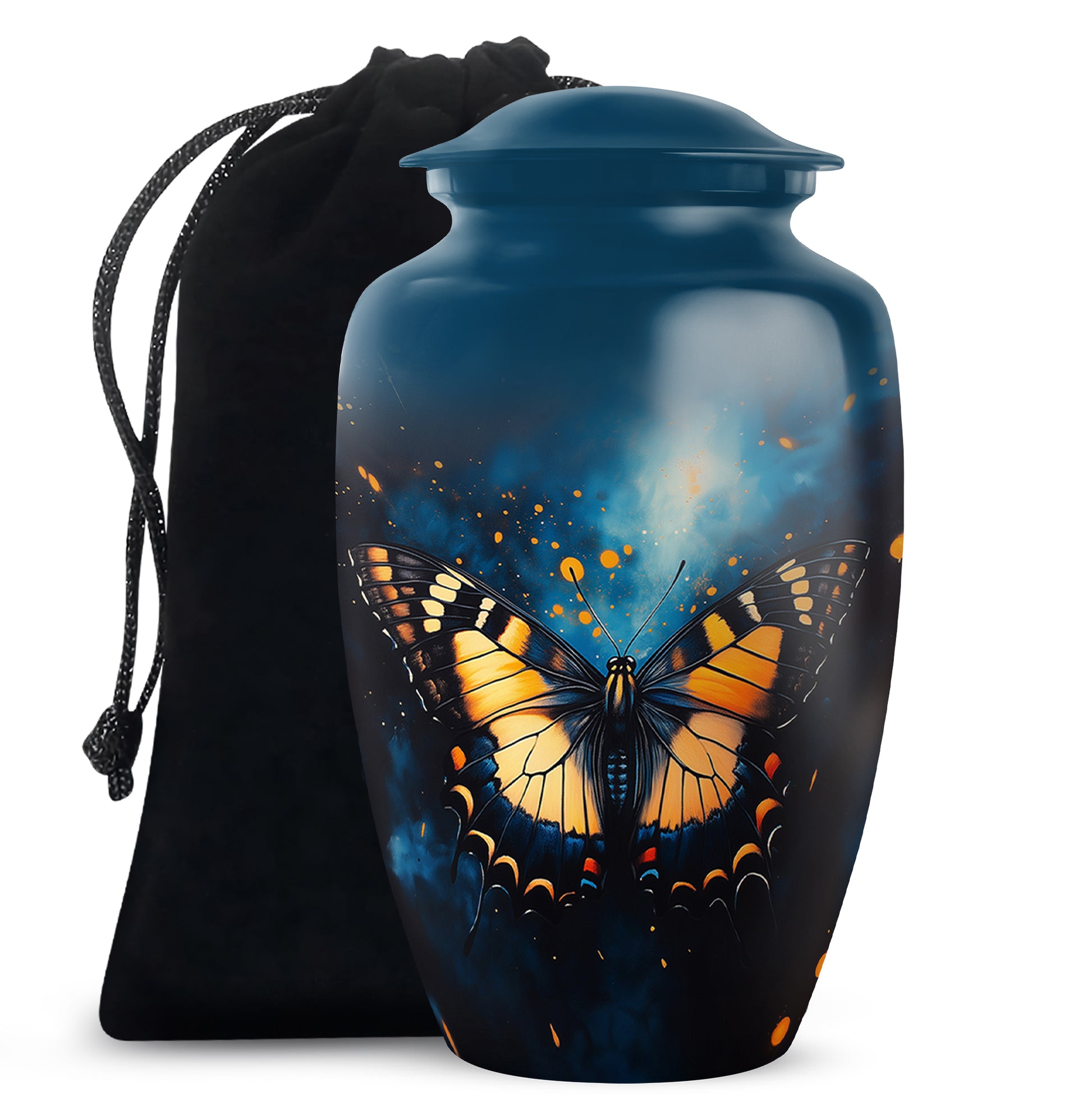 Soft Blue Butterfly Cremation Urn angled view of lid and engraved motif - elegant classic butterfly relief with fine detailing - full-size 10 inch 200 cubic inch adult cremation urn