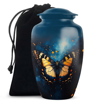 Soft Blue Butterfly Cremation Urn angled view of lid and engraved motif - elegant classic butterfly relief with fine detailing - full-size 10 inch 200 cubic inch adult cremation urn