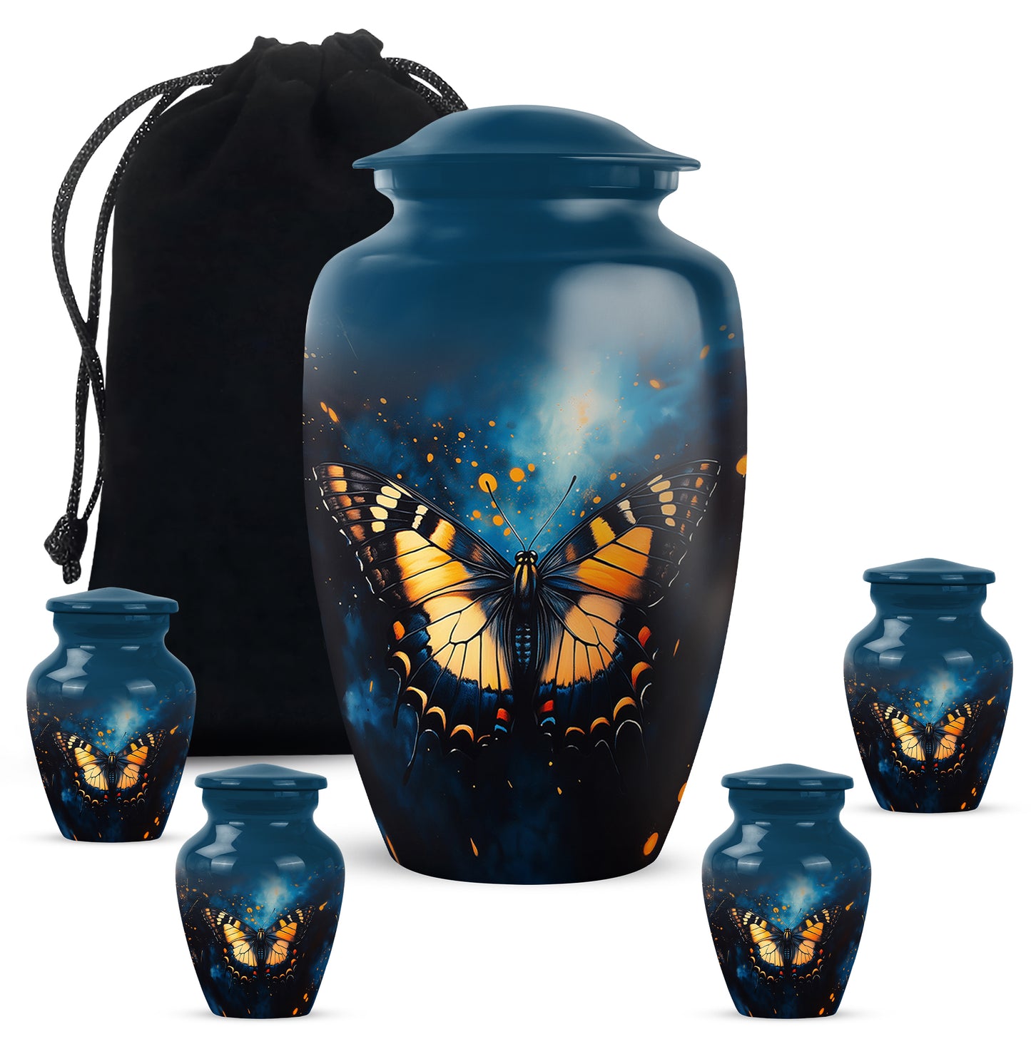 Celestial Blue Butterfly Cremation Urn top-down view of secure threaded lid - timeless butterfly motif etched into premium metal - memorial set with one large and four small urns