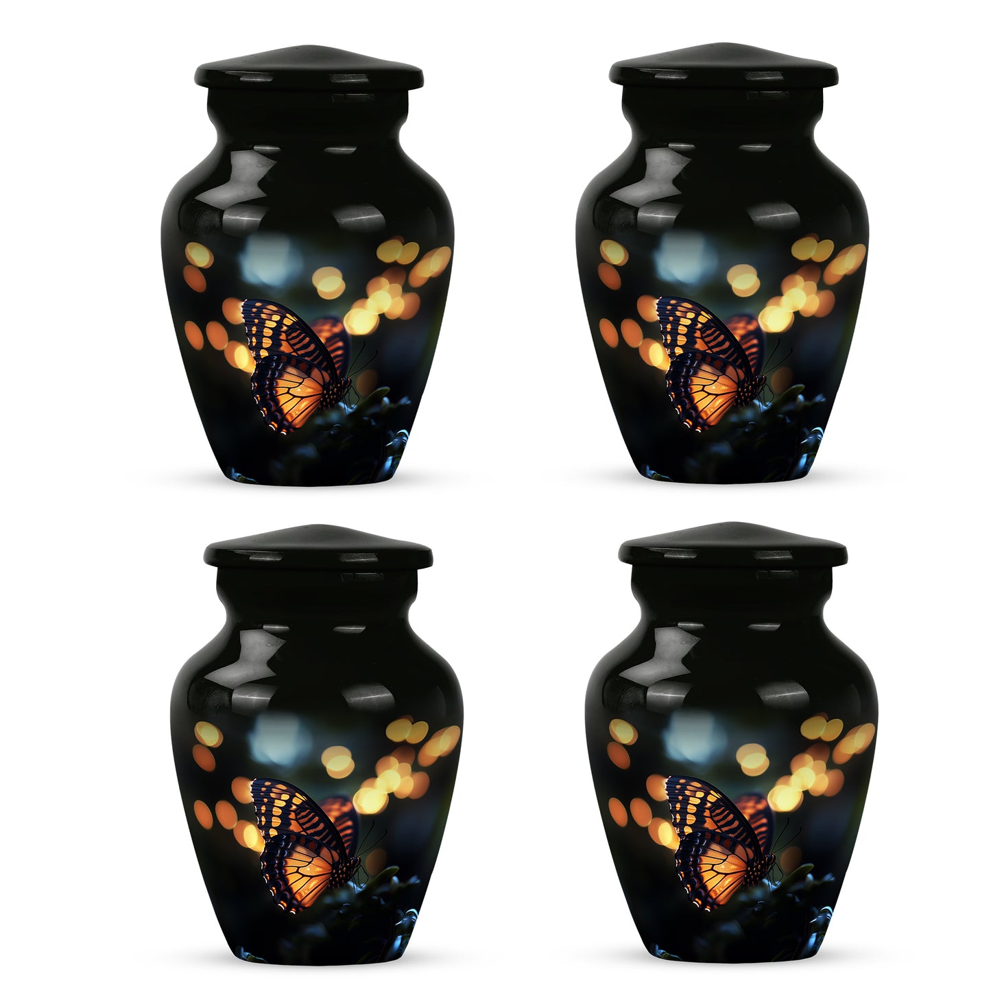Deep Black Butterfly Cremation Urn side profile showing urn shape - timeless butterfly motif etched into premium metal - 10 inch aluminum urn for cremated remains
