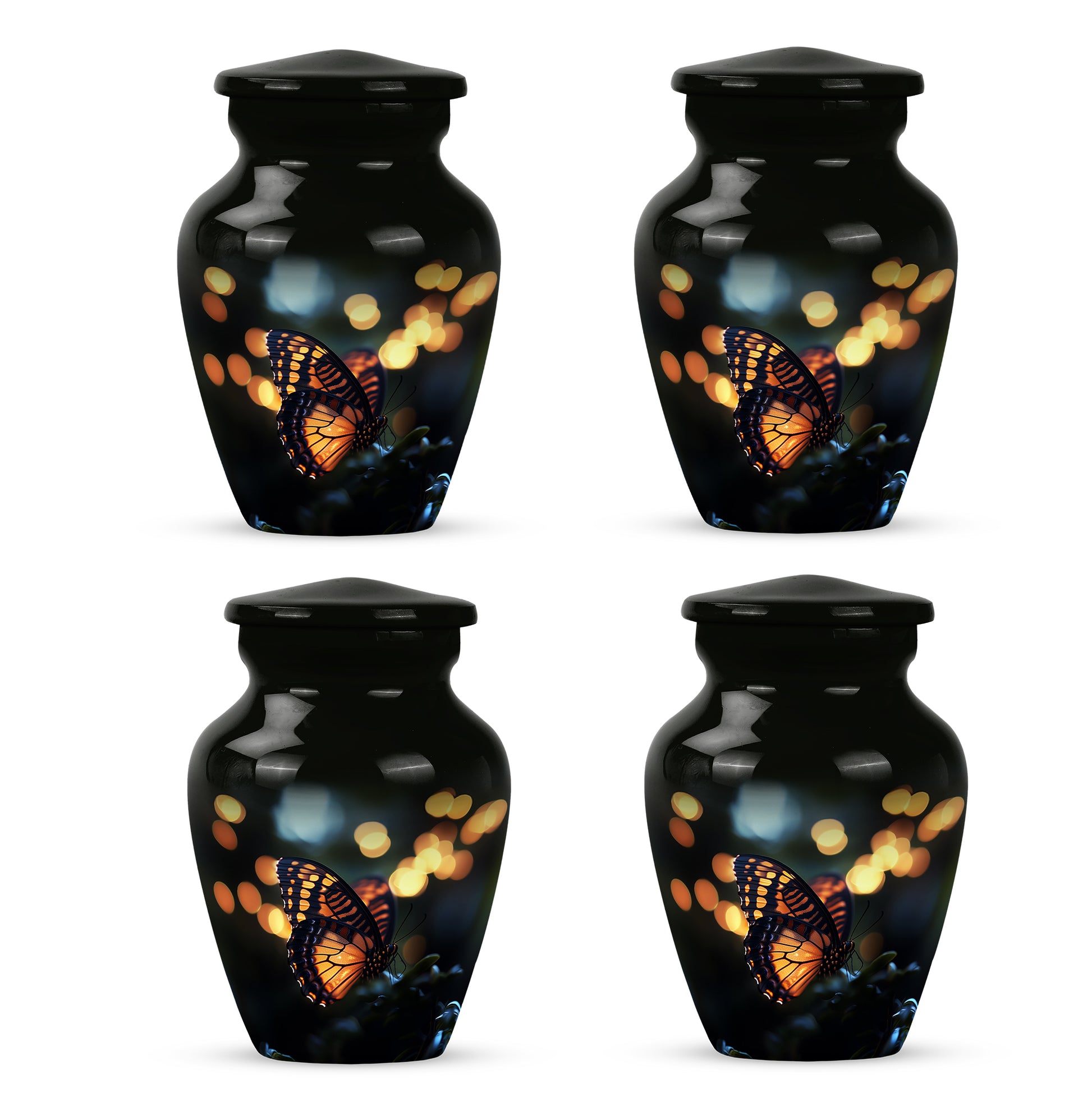 Deep Black Butterfly Cremation Urn side profile showing urn shape - timeless butterfly motif etched into premium metal - 10 inch aluminum urn for cremated remains