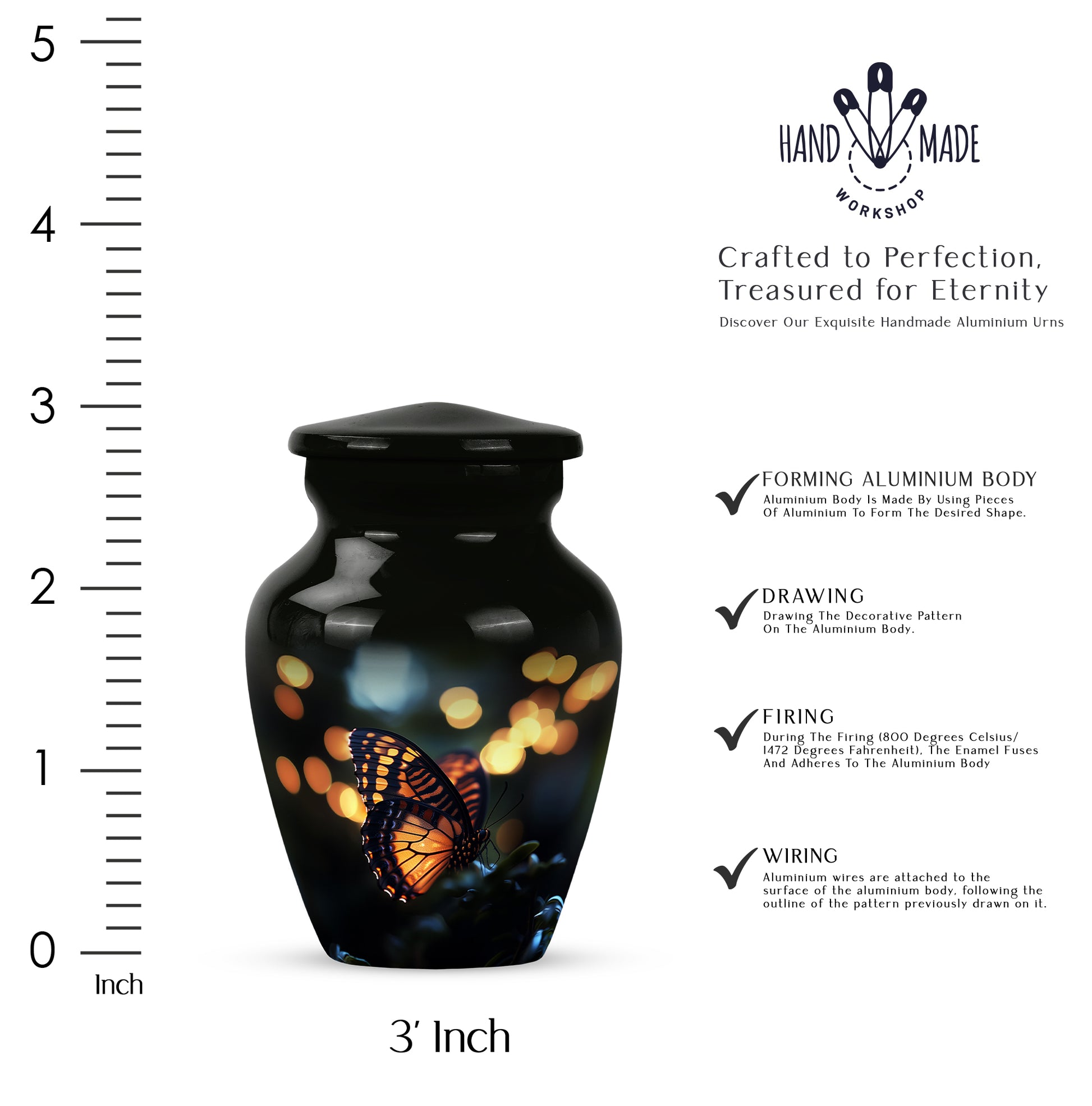 Jet Black Butterfly Cremation Urn close-up of engraving and surface detail - classic sculpted butterfly pattern on smooth aluminum - mini keepsake memorial for portion of cremation ashes