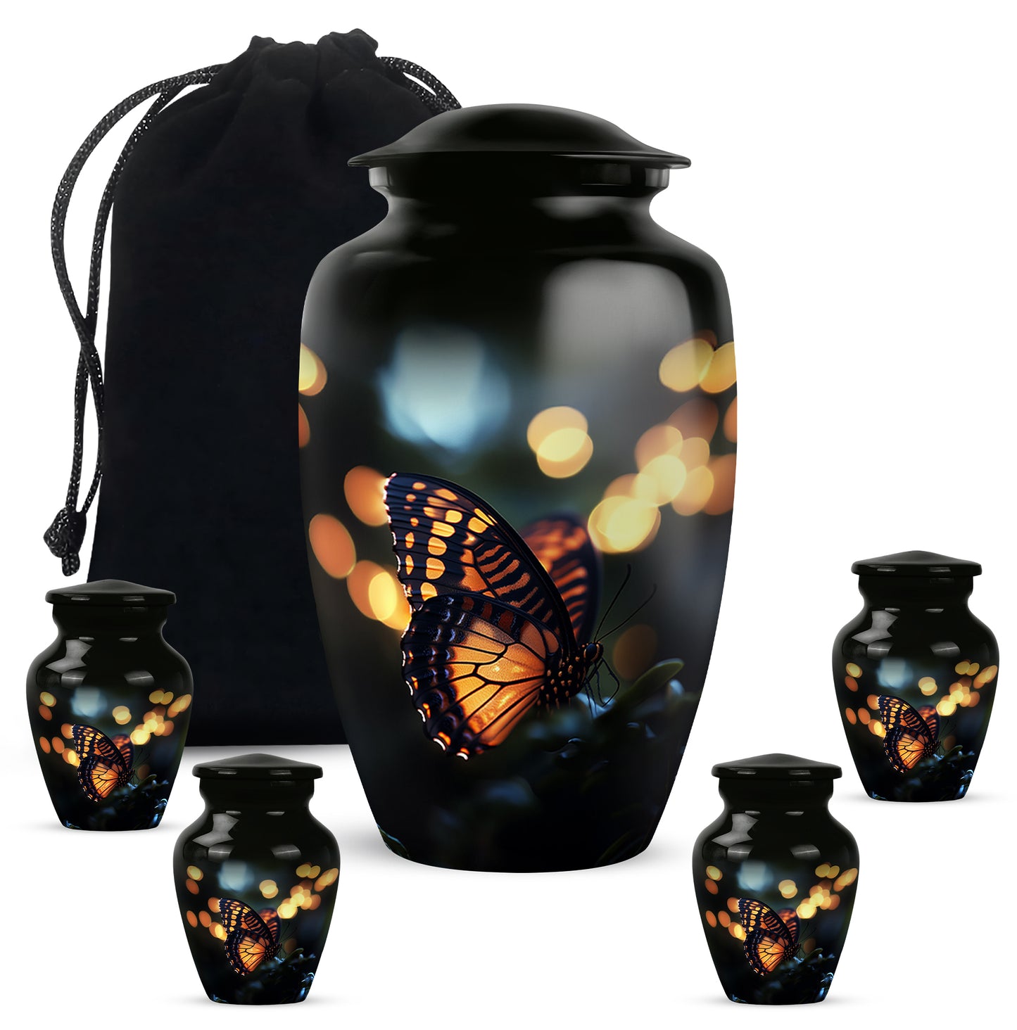 Jet Black Butterfly Cremation Urn top-down view of secure threaded lid - timeless butterfly motif etched into premium metal - memorial set with one large and four small urns