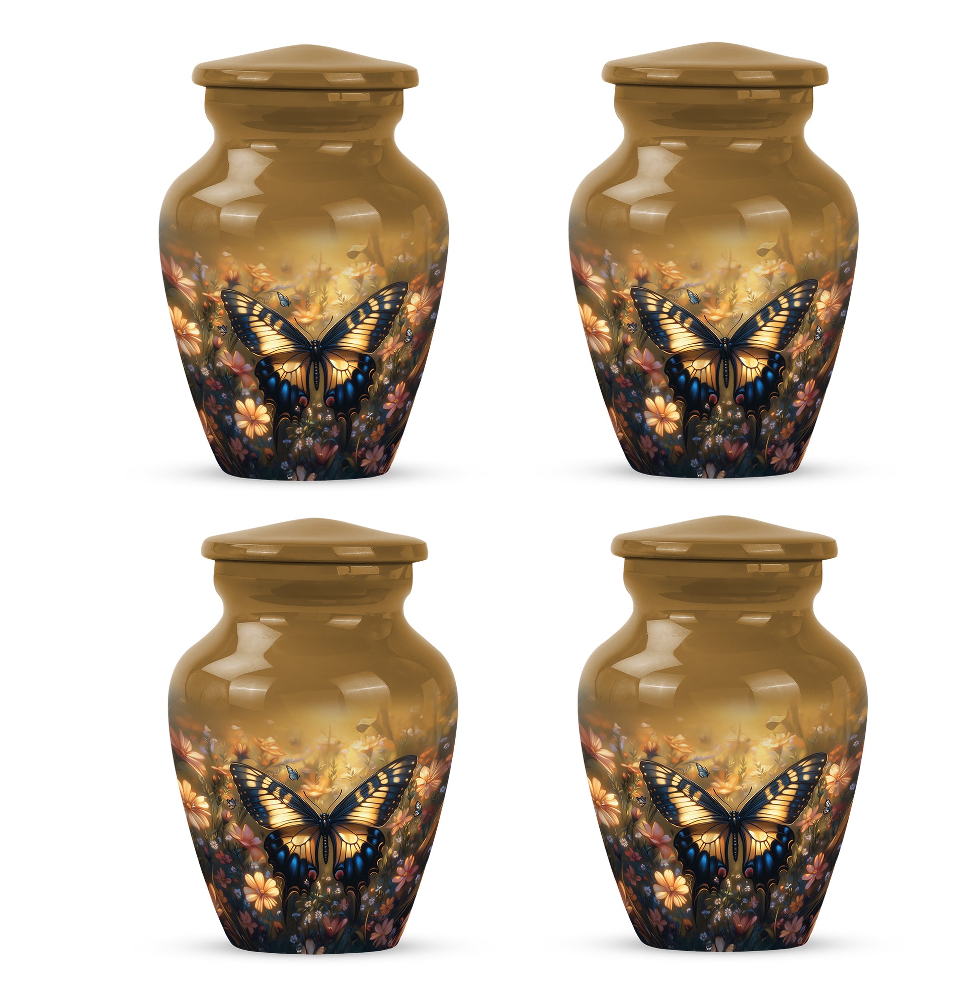 Royal Gold Butterfly Cremation Urn side profile showing urn shape - traditional butterfly engraving with hand-polished finish - 10 inch aluminum urn for cremated remains