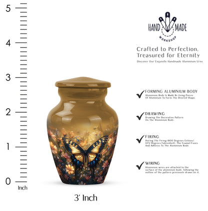 Matte Gold Butterfly Cremation Urn close-up of engraving and surface detail - elegant classic butterfly relief with fine detailing - mini keepsake memorial for portion of cremation ashes
