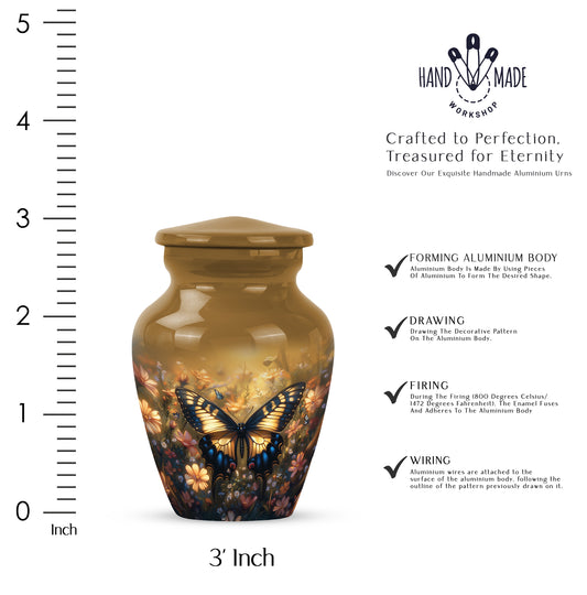 Matte Gold Butterfly Cremation Urn close-up of engraving and surface detail - elegant classic butterfly relief with fine detailing - mini keepsake memorial for portion of cremation ashes