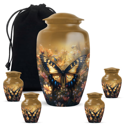 Antique Gold Butterfly Cremation Urn top-down view of secure threaded lid - classic sculpted butterfly pattern on smooth aluminum - memorial set with one large and four small urns