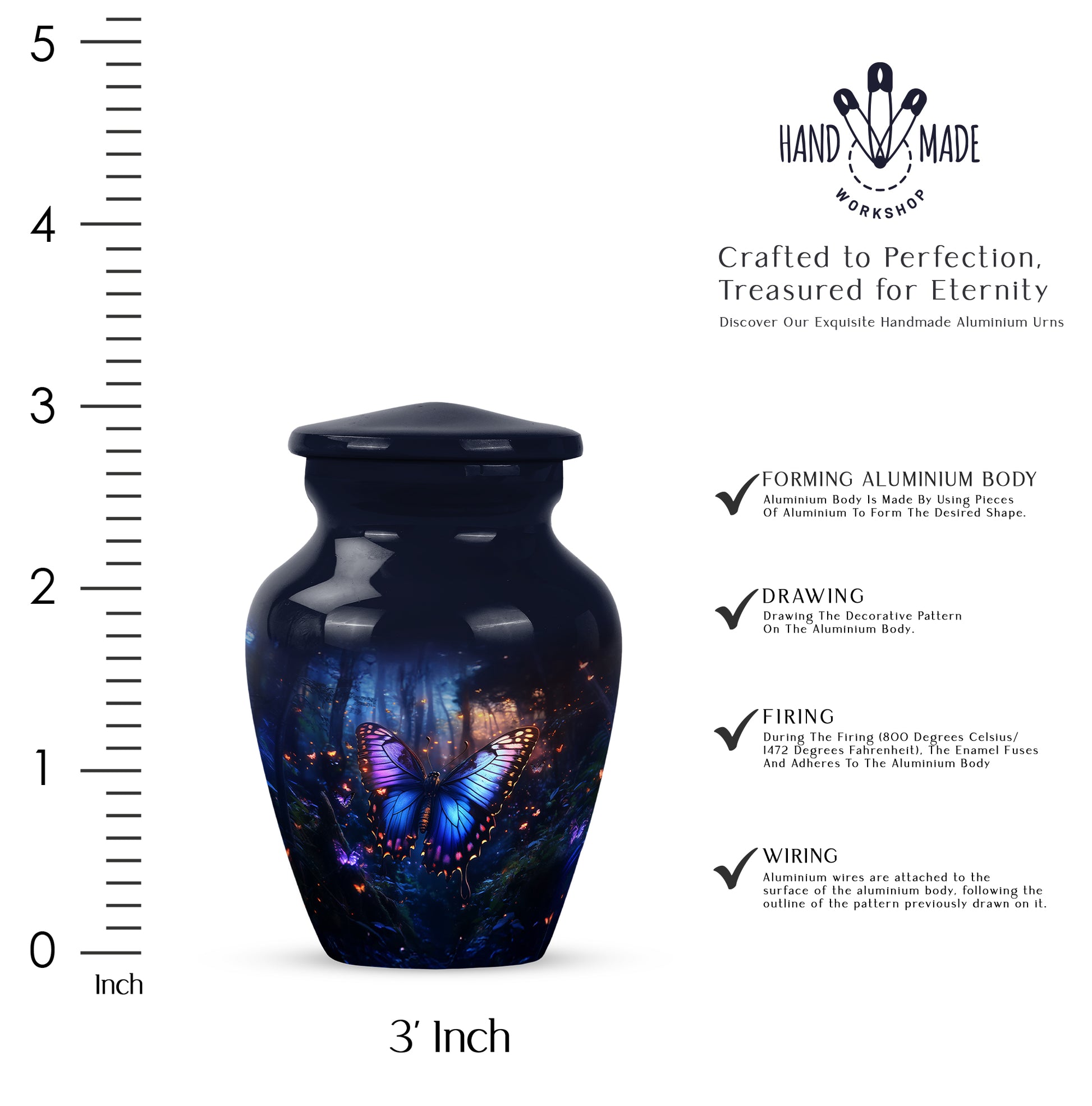 Indigo Butterfly Cremation Urn close-up of engraving and surface detail - timeless butterfly motif etched into premium metal - mini keepsake memorial for portion of cremation ashes