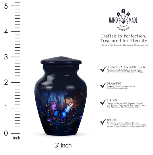 Indigo Butterfly Cremation Urn close-up of engraving and surface detail - timeless butterfly motif etched into premium metal - mini keepsake memorial for portion of cremation ashes