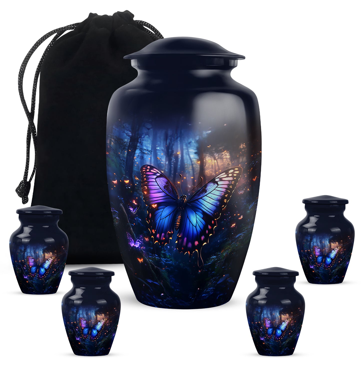 Sky Blue Butterfly Cremation Urn top-down view of secure threaded lid - timeless butterfly motif etched into premium metal - memorial set with one large and four small urns
