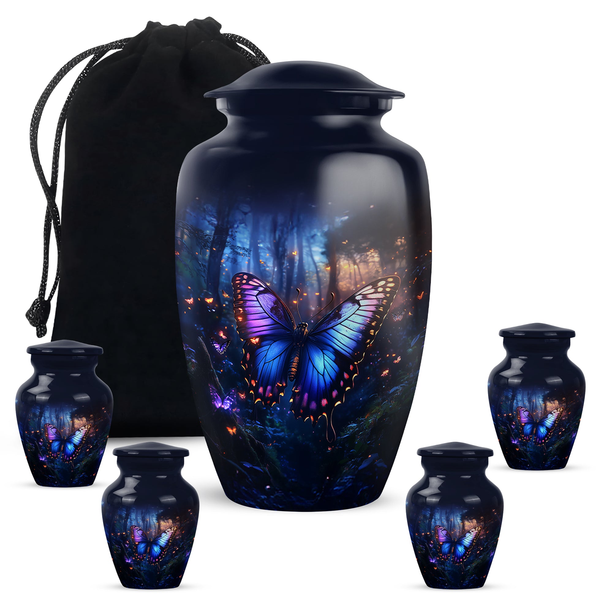 Sky Blue Butterfly Cremation Urn top-down view of secure threaded lid - timeless butterfly motif etched into premium metal - memorial set with one large and four small urns