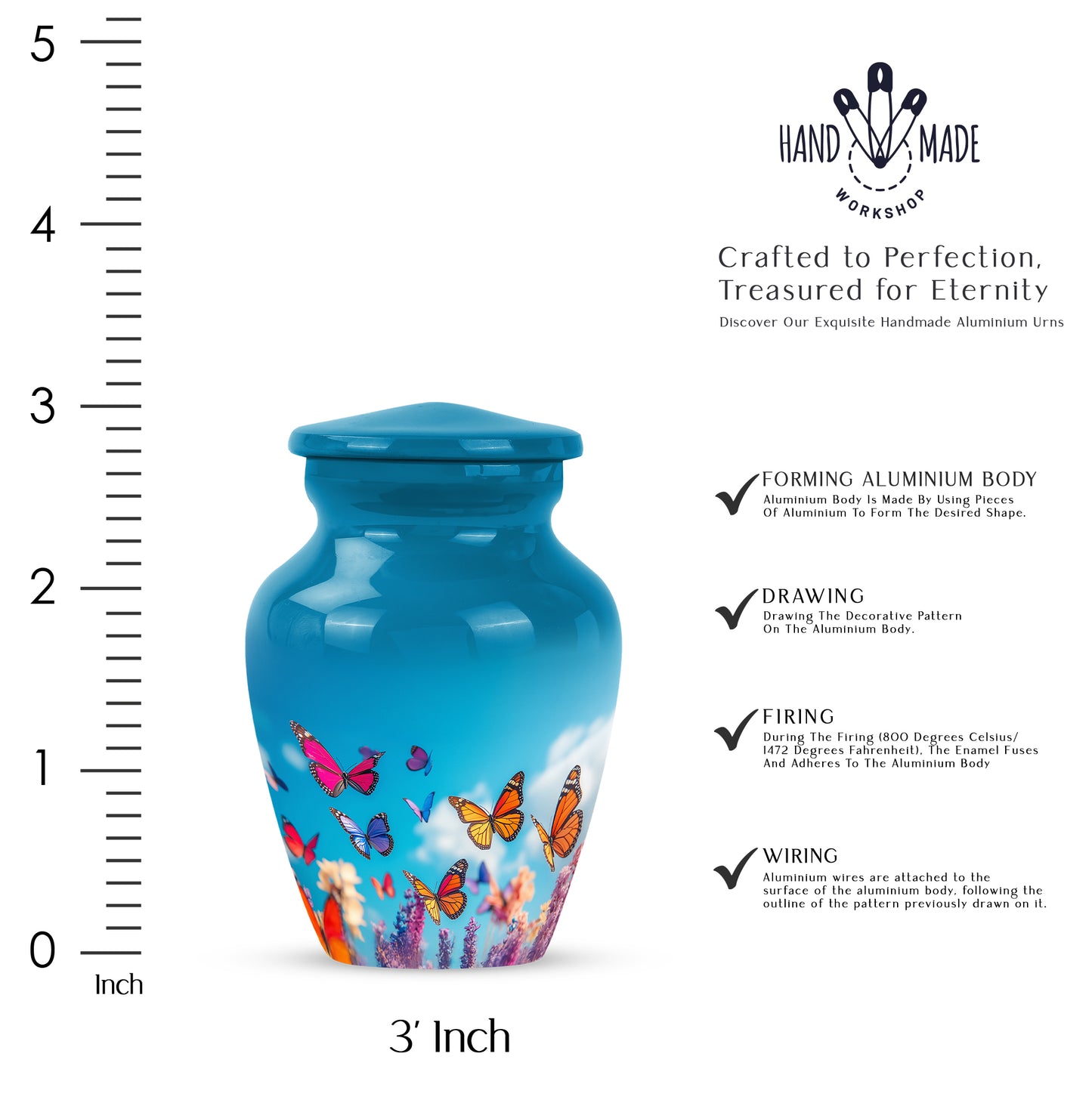 Slate Blue Butterfly Cremation Urn close-up of engraving and surface detail - timeless butterfly motif etched into premium metal - mini keepsake memorial for portion of cremation ashes
