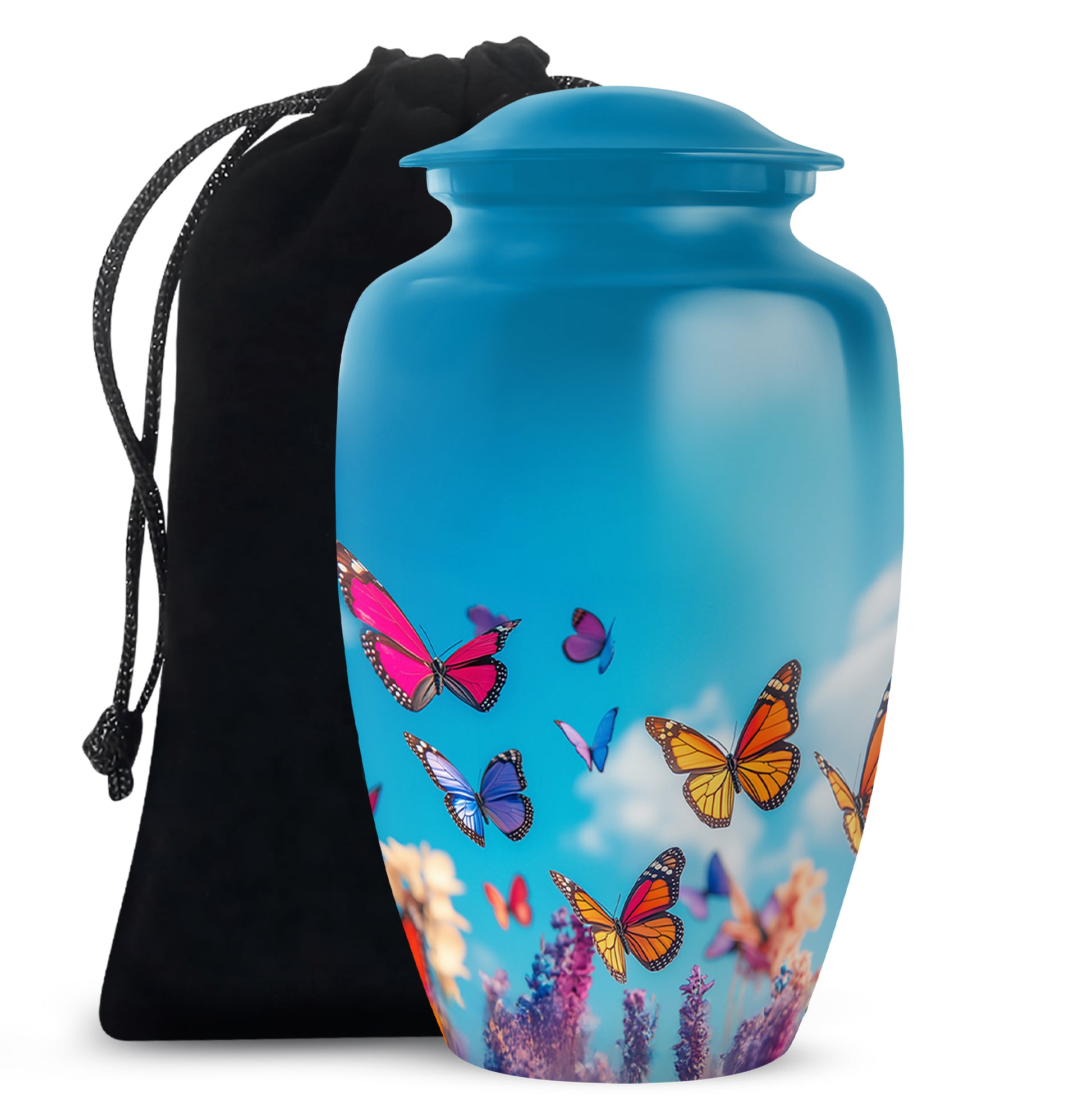Indigo Butterfly Cremation Urn angled view of lid and engraved motif - timeless butterfly motif etched into premium metal - full-size 10 inch 200 cubic inch adult cremation urn