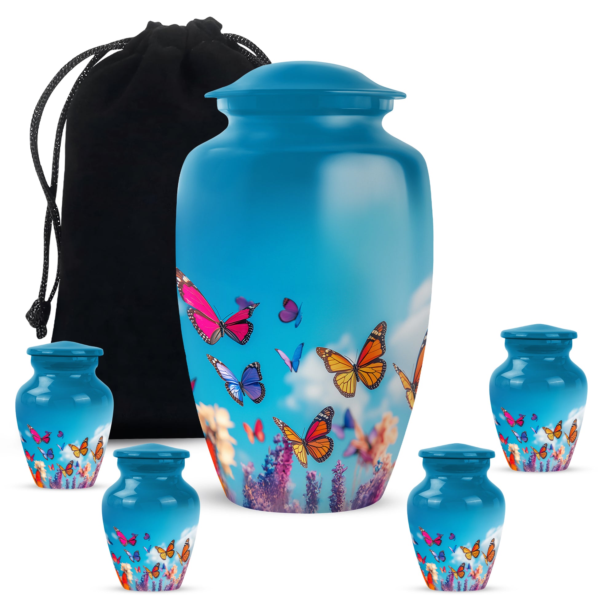 Powder Blue Butterfly Cremation Urn top-down view of secure threaded lid - classic sculpted butterfly pattern on smooth aluminum - memorial set with one large and four small urns