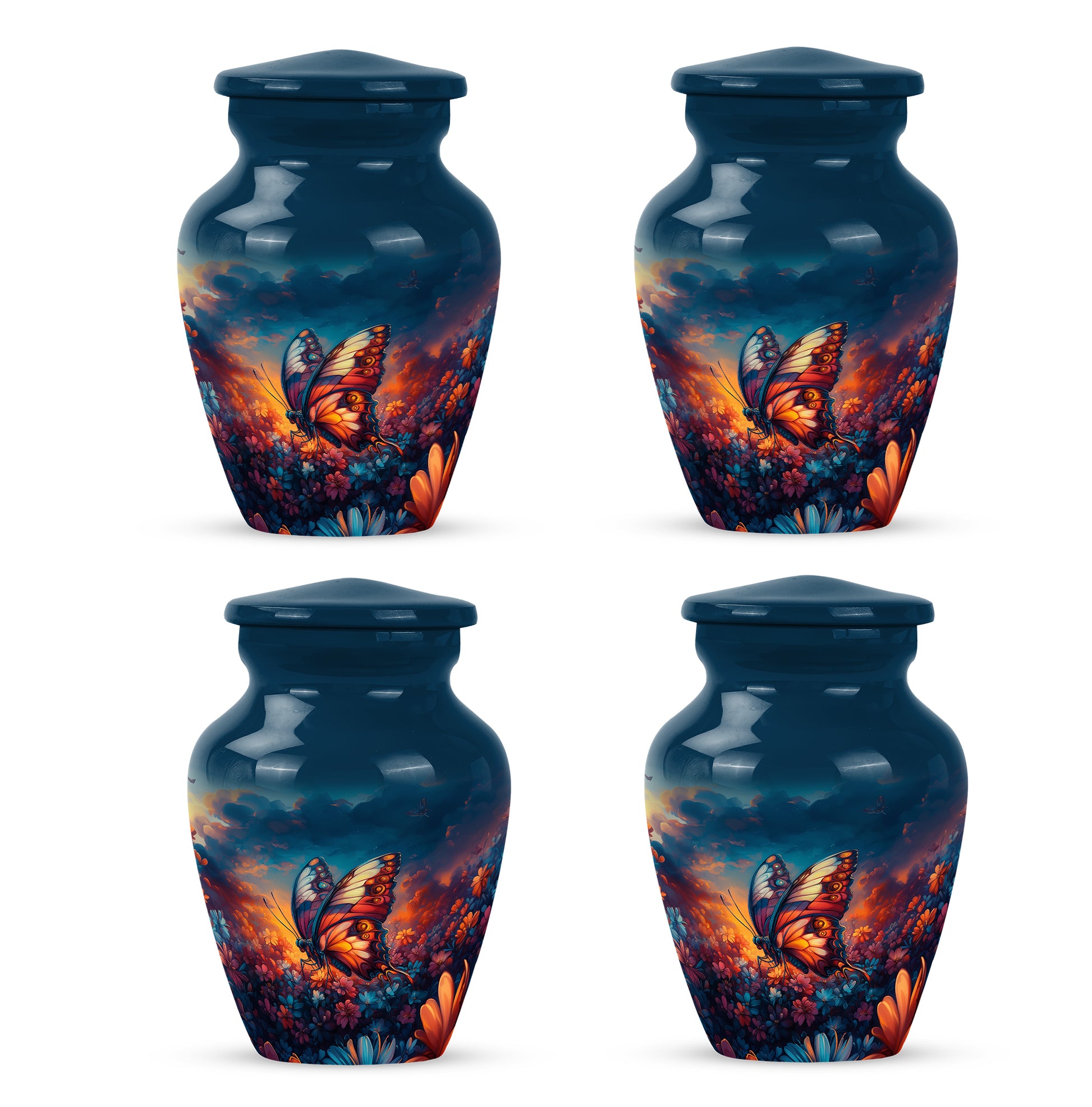 Dusty Blue Butterfly Cremation Urn side profile showing urn shape - timeless butterfly motif etched into premium metal - 10 inch aluminum urn for cremated remains
