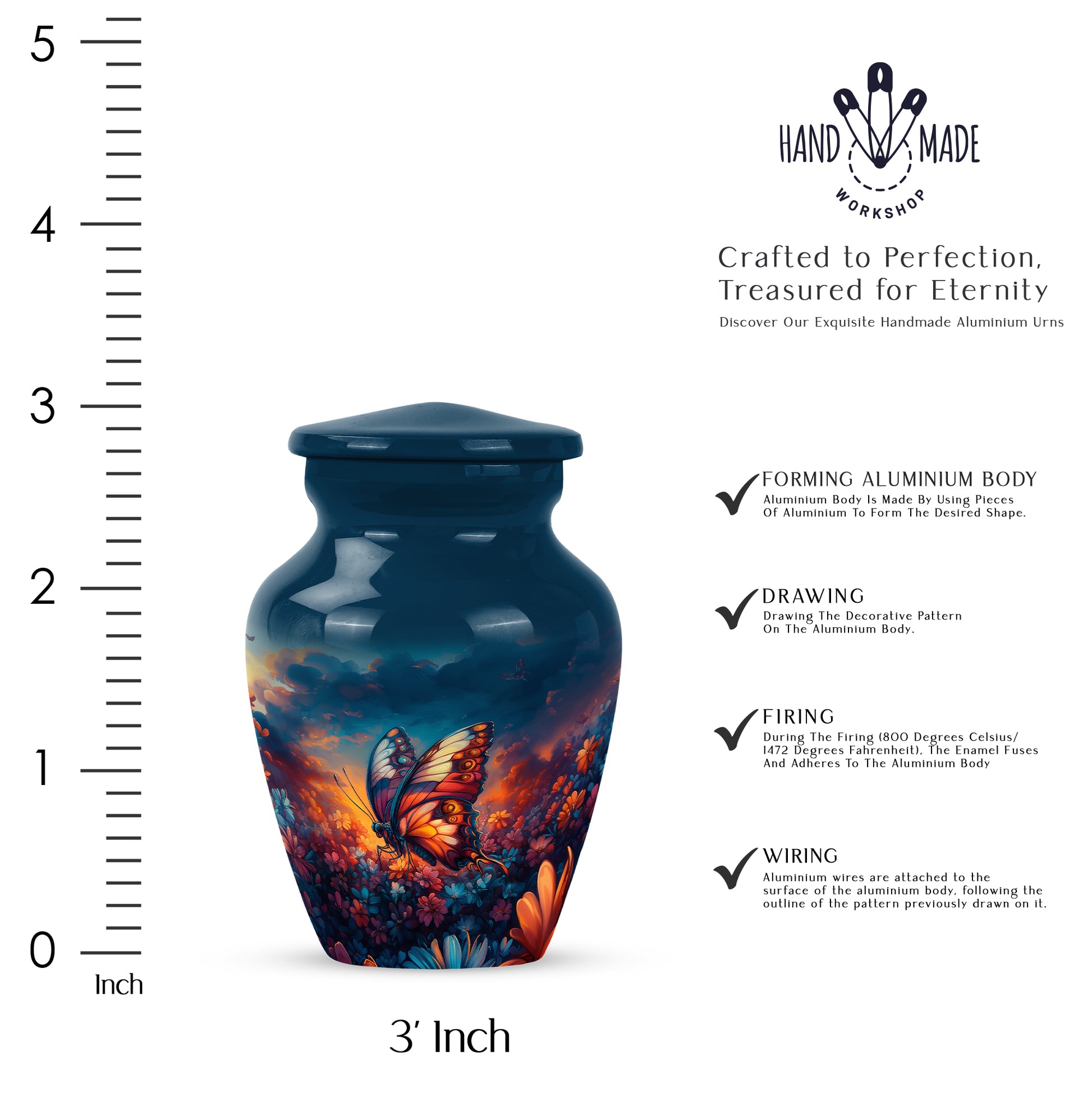 Sapphire Blue Butterfly Cremation Urn close-up of engraving and surface detail - elegant classic butterfly relief with fine detailing - mini keepsake memorial for portion of cremation ashes