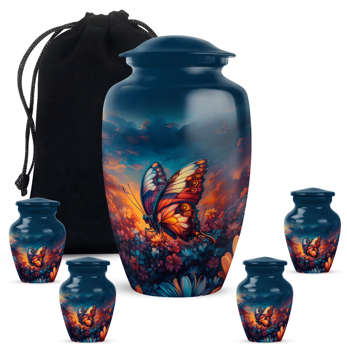 Vivid Blue Butterfly Cremation Urn top-down view of secure threaded lid - traditional butterfly engraving with hand-polished finish - memorial set with one large and four small urns