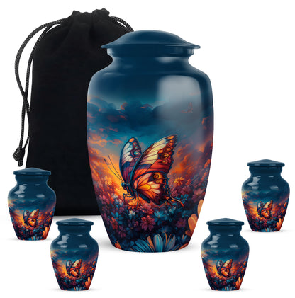 Vivid Blue Butterfly Cremation Urn top-down view of secure threaded lid - traditional butterfly engraving with hand-polished finish - memorial set with one large and four small urns