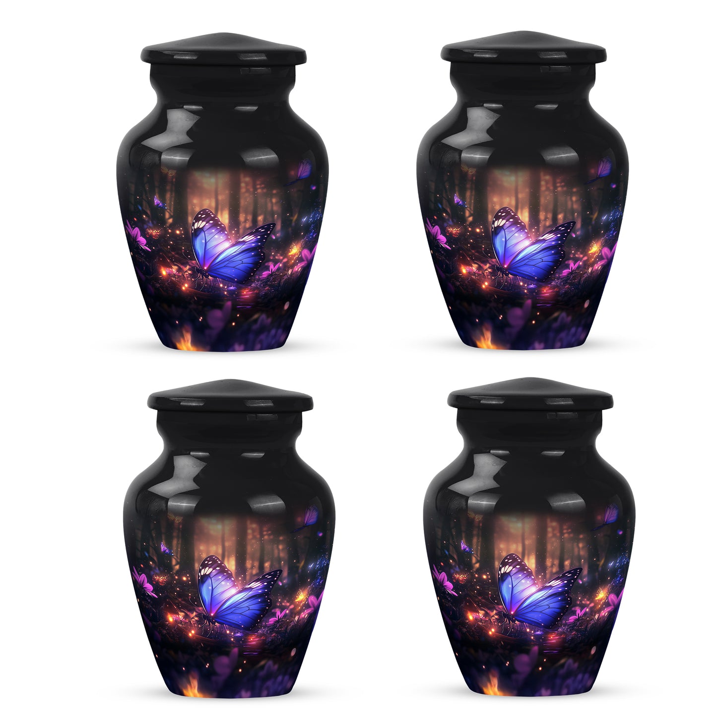 Rich Black Butterfly Cremation Urn side profile showing urn shape - classic sculpted butterfly pattern on smooth aluminum - 10 inch aluminum urn for cremated remains