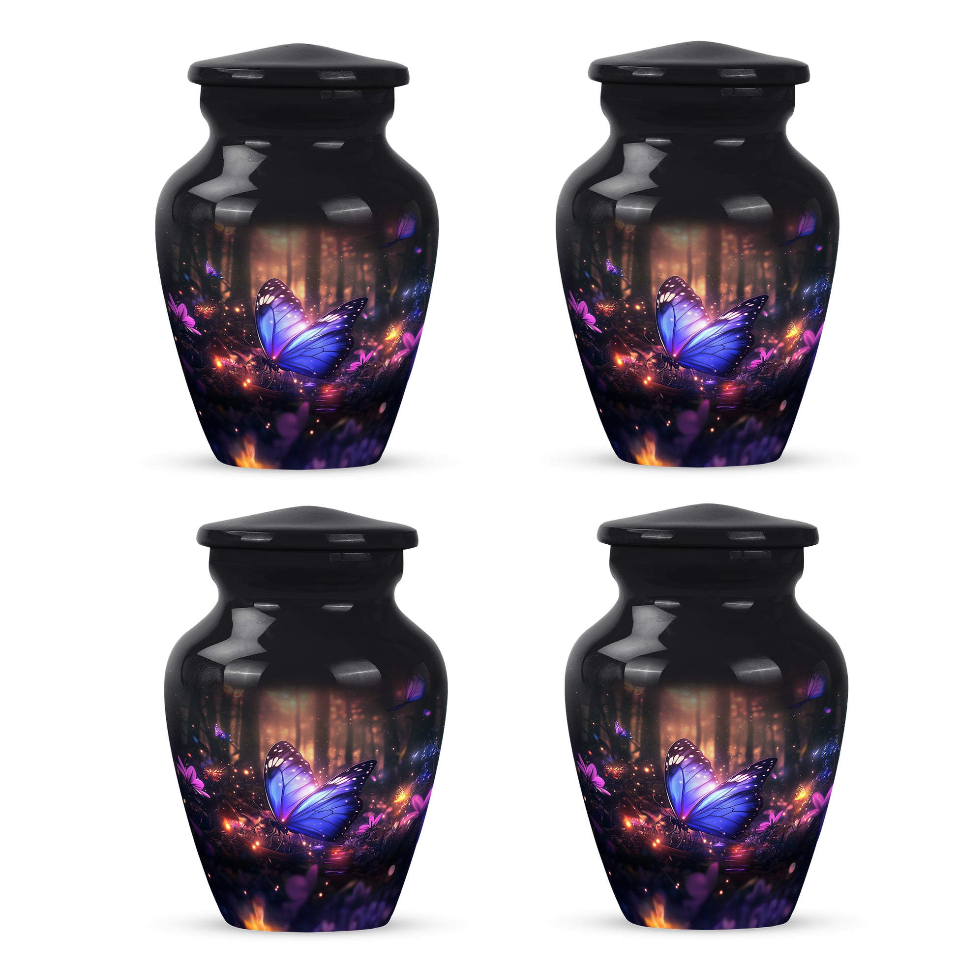 Rich Black Butterfly Cremation Urn side profile showing urn shape - classic sculpted butterfly pattern on smooth aluminum - 10 inch aluminum urn for cremated remains