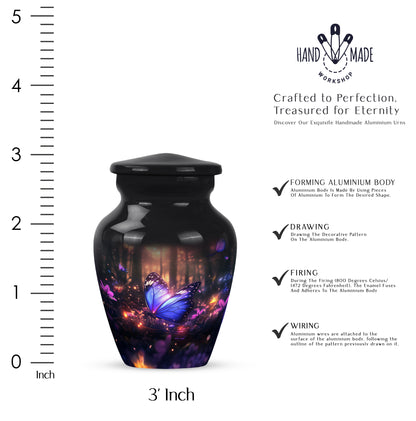 Rich Black Butterfly Cremation Urn close-up of engraving and surface detail - classic sculpted butterfly pattern on smooth aluminum - mini keepsake memorial for portion of cremation ashes