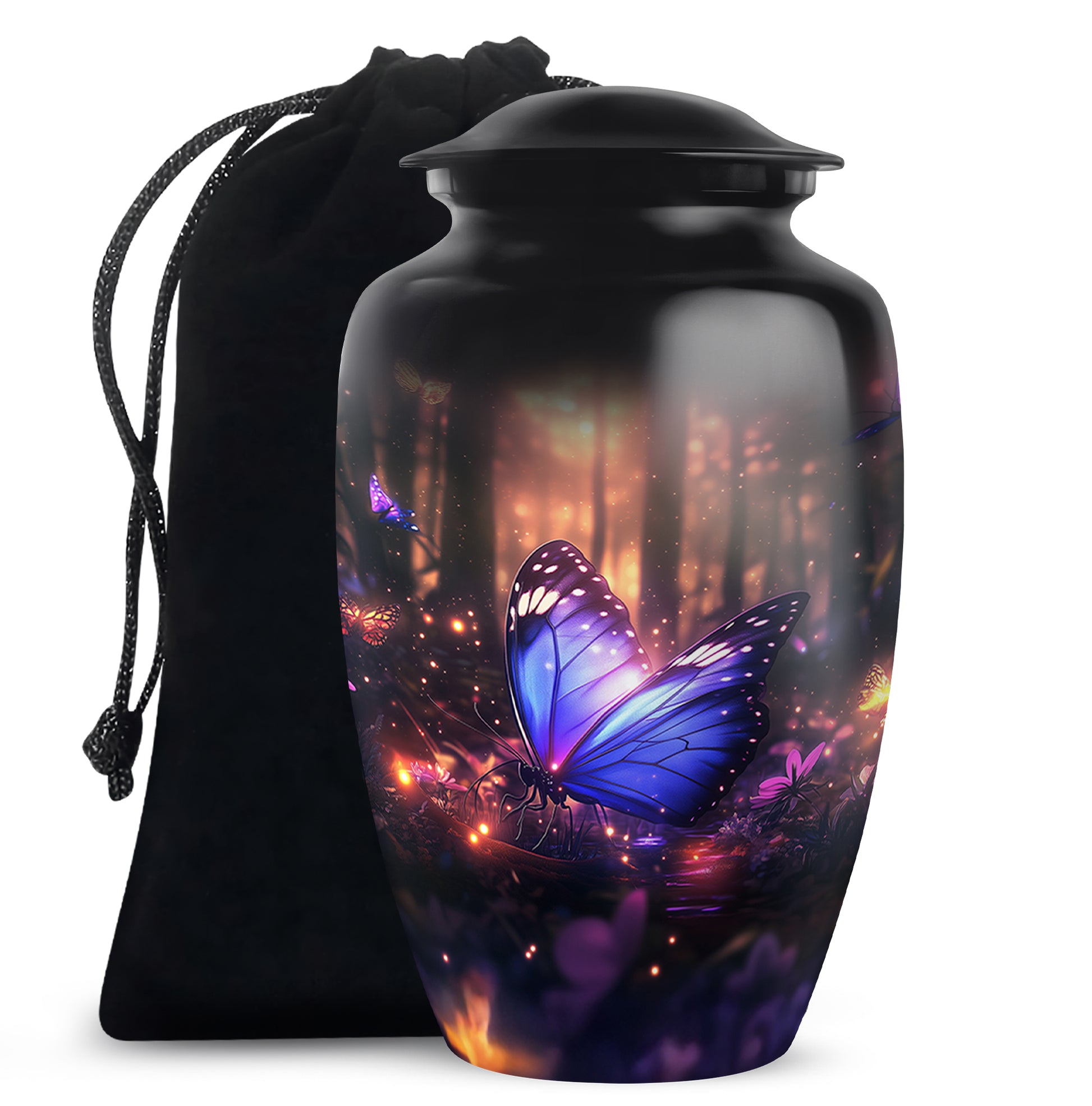 Midnight Black Butterfly Cremation Urn angled view of lid and engraved motif - elegant classic butterfly relief with fine detailing - full-size 10 inch 200 cubic inch adult cremation urn