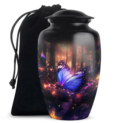 Midnight Black Butterfly Cremation Urn angled view of lid and engraved motif - elegant classic butterfly relief with fine detailing - full-size 10 inch 200 cubic inch adult cremation urn