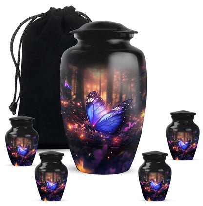 Onyx Black Butterfly Cremation Urn top-down view of secure threaded lid - elegant classic butterfly relief with fine detailing - memorial set with one large and four small urns