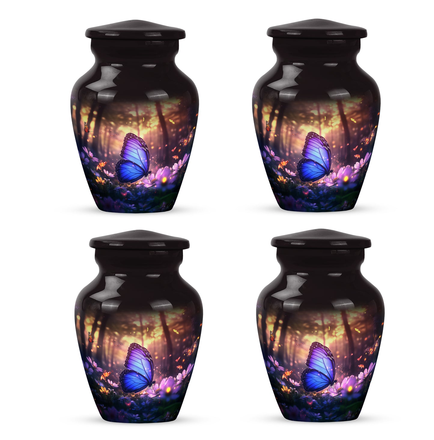 Rich Black Butterfly Cremation Urn side profile showing urn shape - classic sculpted butterfly pattern on smooth aluminum - 10 inch aluminum urn for cremated remains
