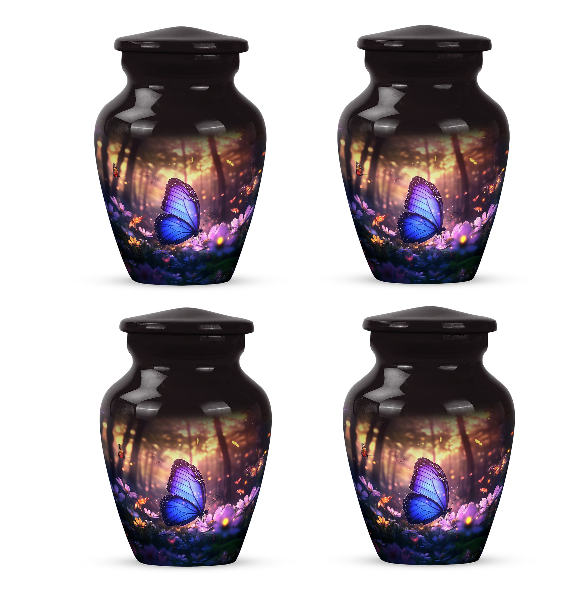Rich Black Butterfly Cremation Urn side profile showing urn shape - classic sculpted butterfly pattern on smooth aluminum - 10 inch aluminum urn for cremated remains