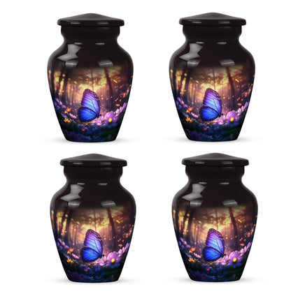 Rich Black Butterfly Cremation Urn side profile showing urn shape - classic sculpted butterfly pattern on smooth aluminum - 10 inch aluminum urn for cremated remains