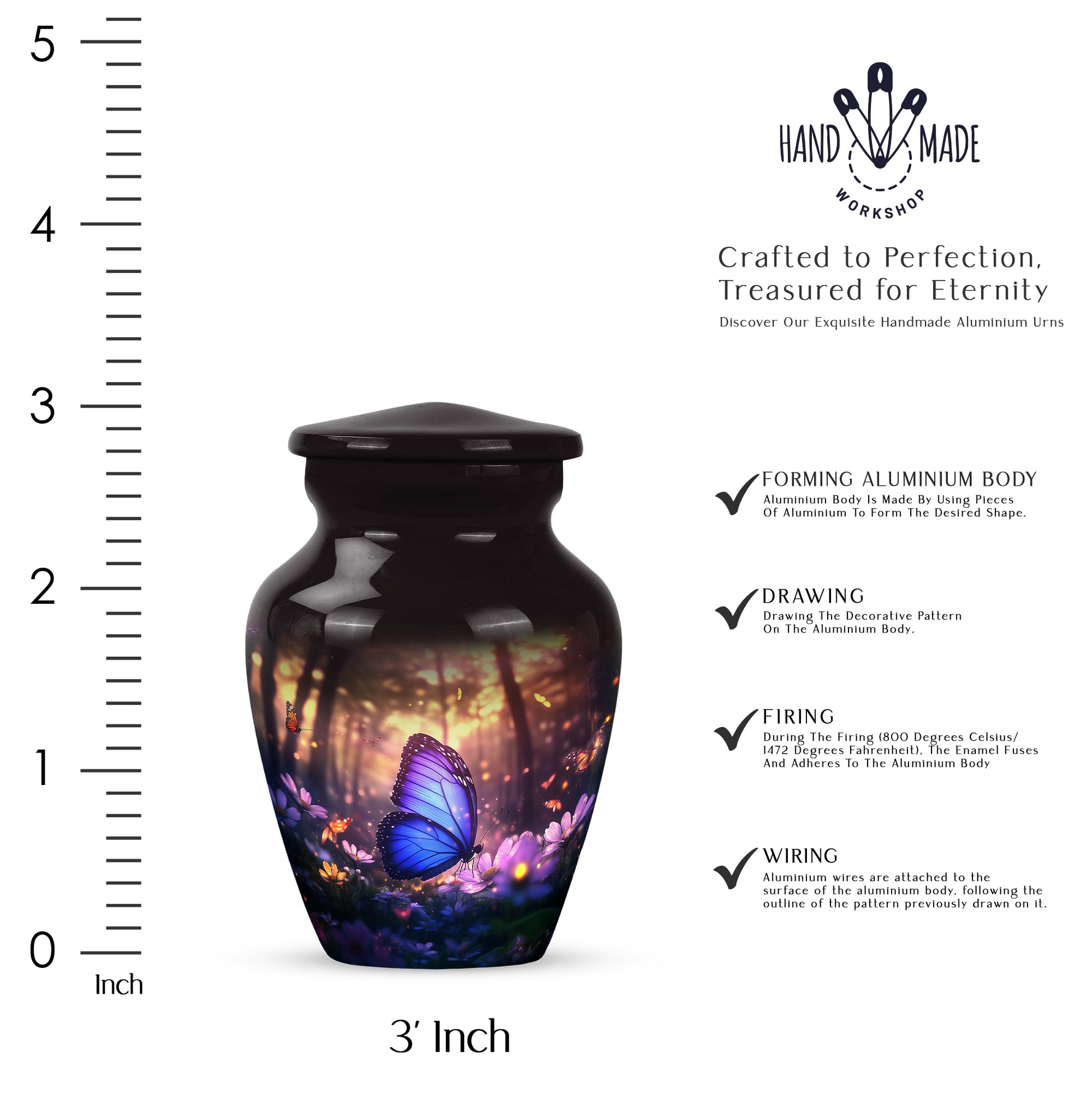 Onyx Black Butterfly Cremation Urn close-up of engraving and surface detail - traditional butterfly engraving with hand-polished finish - mini keepsake memorial for portion of cremation ashes