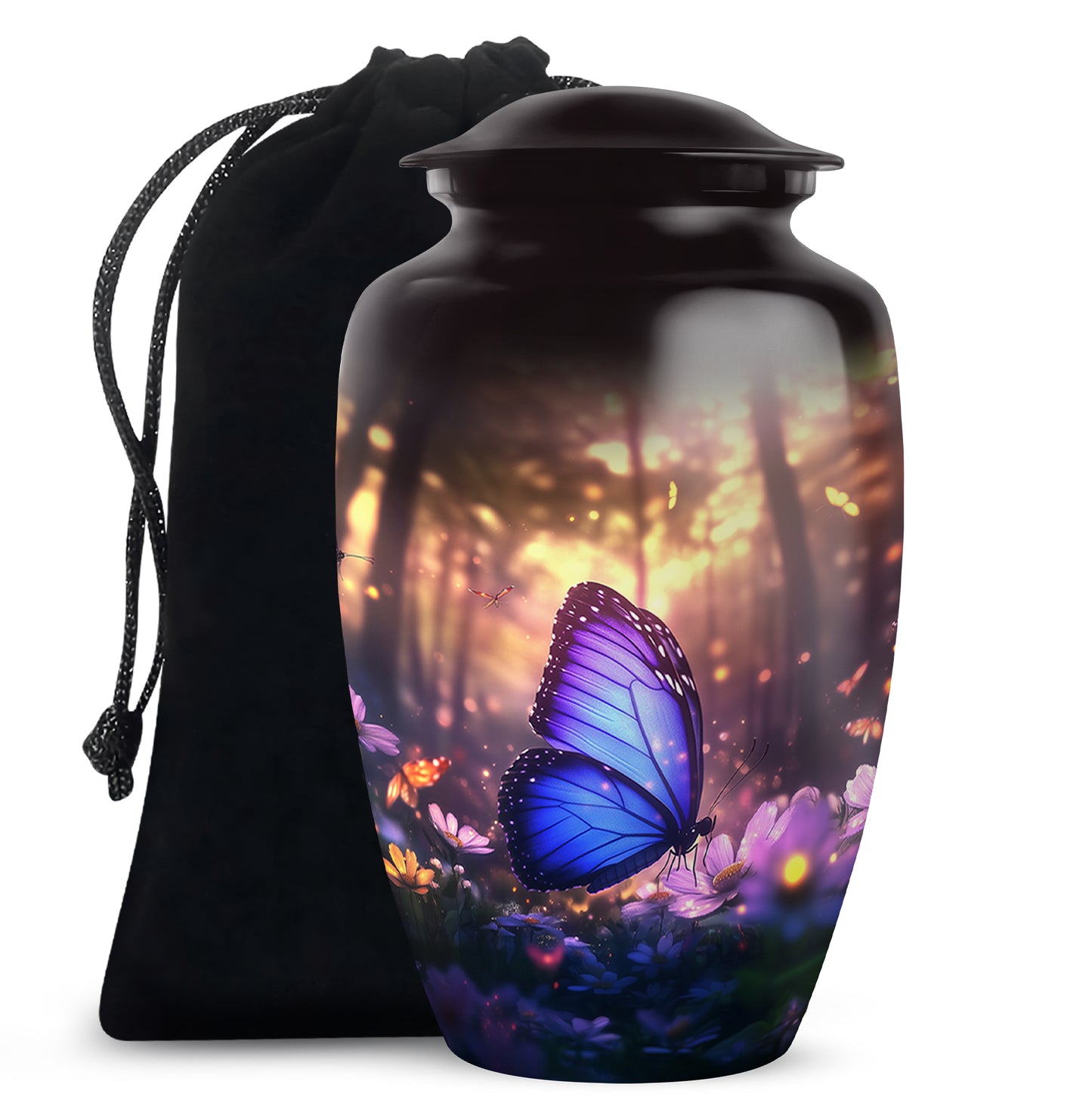 Rich Black Butterfly Cremation Urn angled view of lid and engraved motif - timeless butterfly motif etched into premium metal - full-size 10 inch 200 cubic inch adult cremation urn