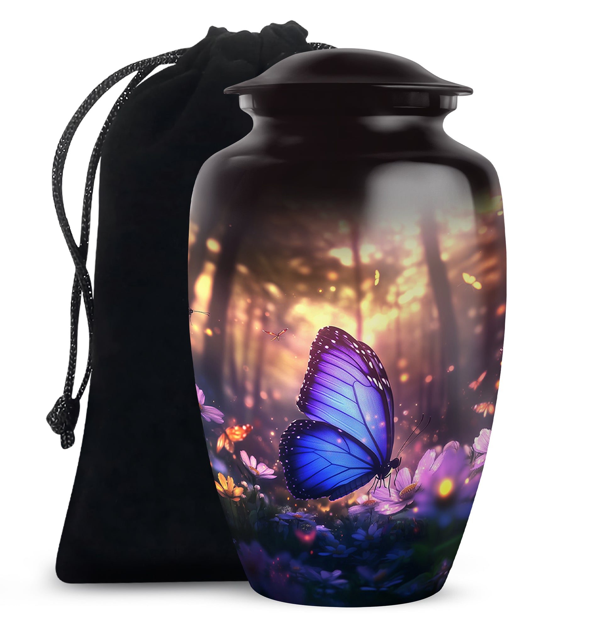 Rich Black Butterfly Cremation Urn angled view of lid and engraved motif - timeless butterfly motif etched into premium metal - full-size 10 inch 200 cubic inch adult cremation urn