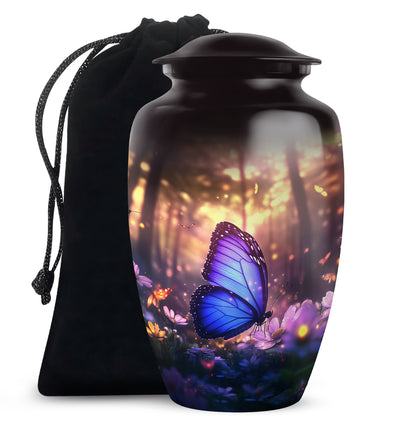 Rich Black Butterfly Cremation Urn angled view of lid and engraved motif - timeless butterfly motif etched into premium metal - full-size 10 inch 200 cubic inch adult cremation urn