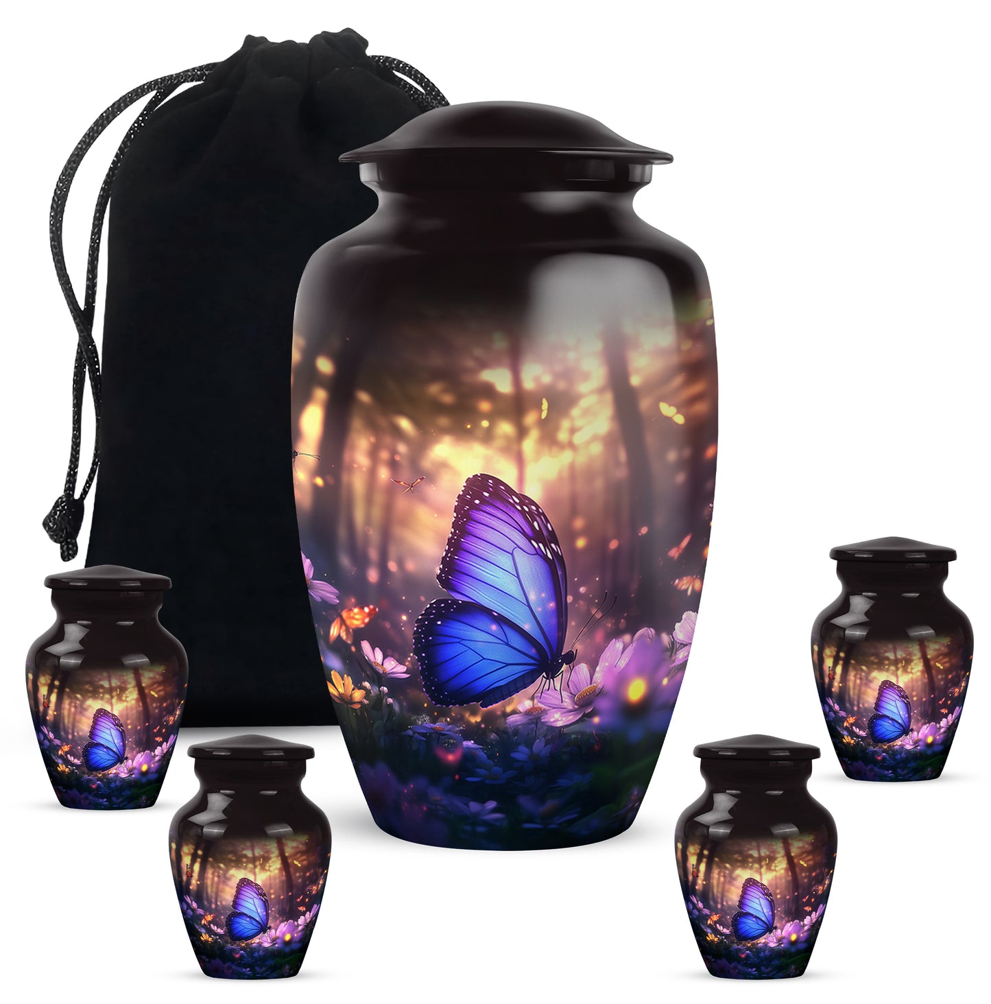 Dark Black Butterfly Cremation Urn top-down view of secure threaded lid - traditional butterfly engraving with hand-polished finish - memorial set with one large and four small urns