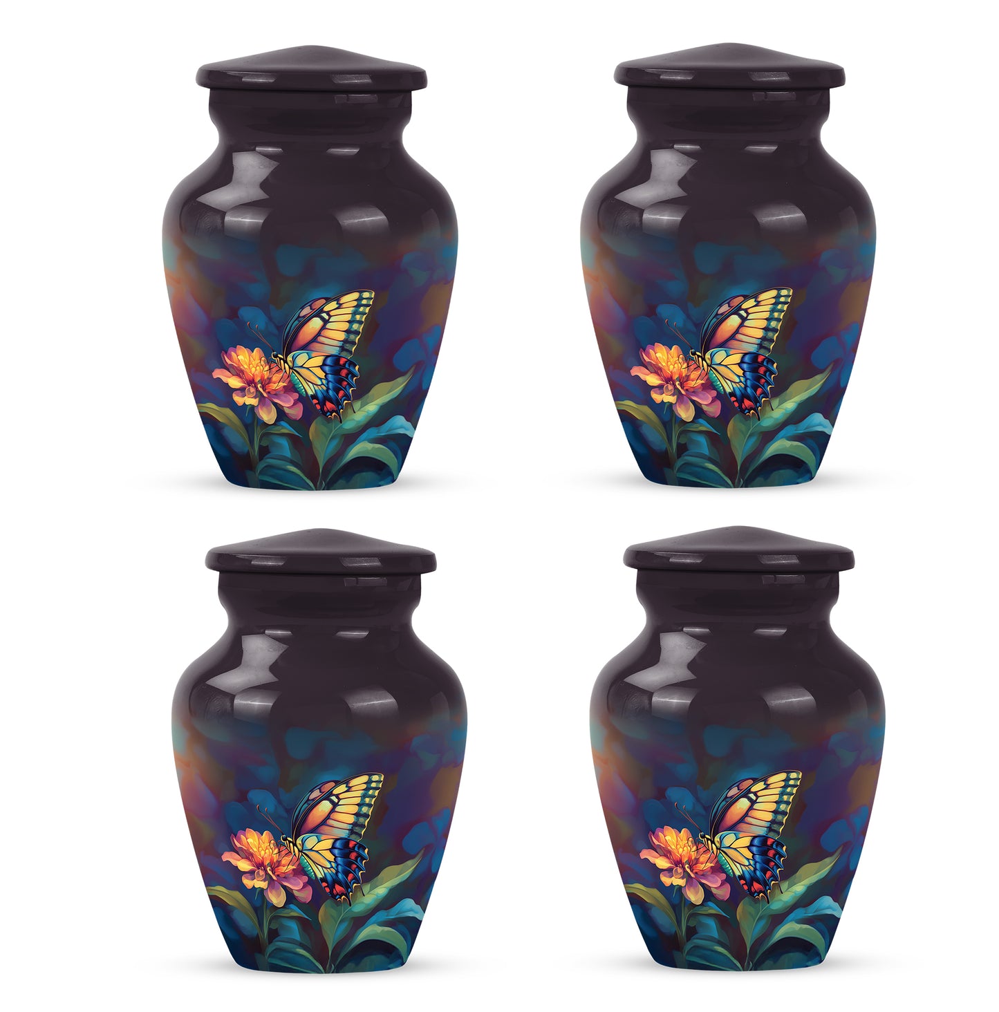 Charcoal Black Butterfly Cremation Urn side profile showing urn shape - elegant classic butterfly relief with fine detailing - 10 inch aluminum urn for cremated remains
