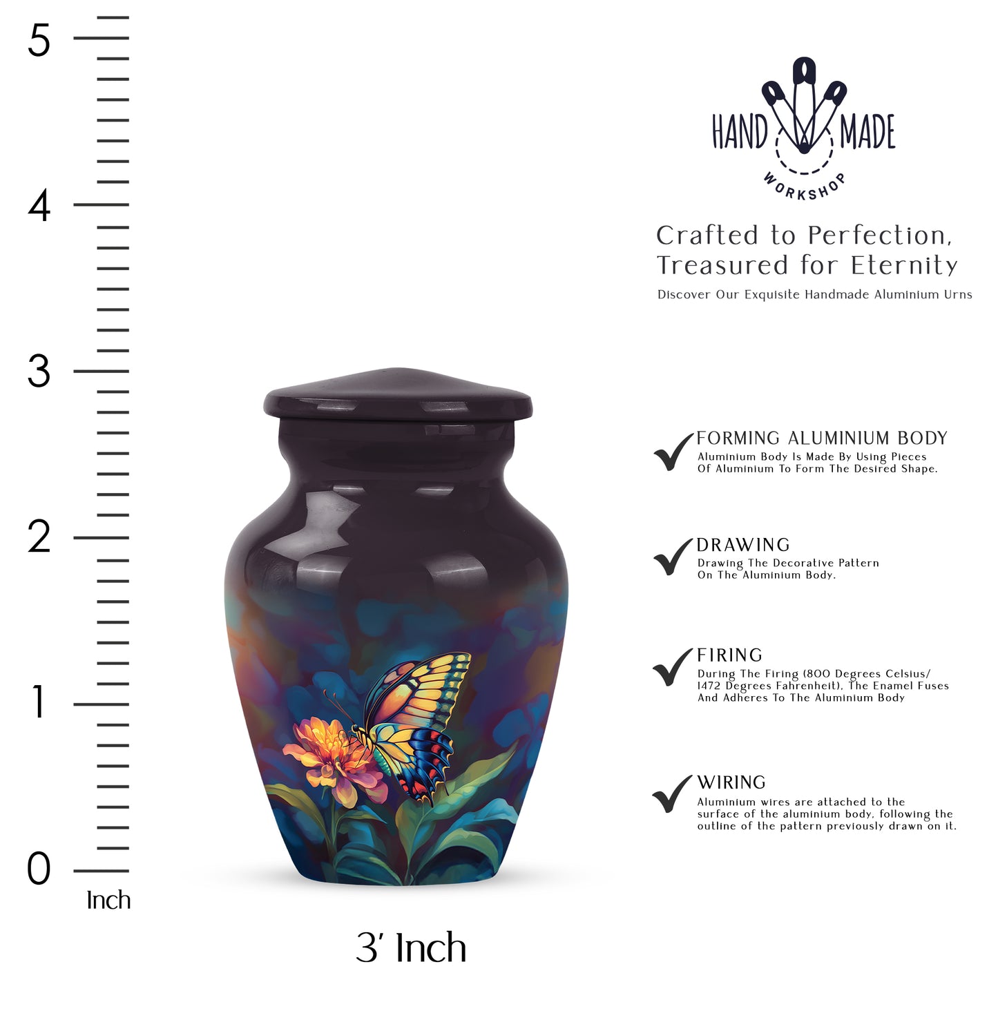 Charcoal Black Butterfly Cremation Urn close-up of engraving and surface detail - elegant classic butterfly relief with fine detailing - mini keepsake memorial for portion of cremation ashes