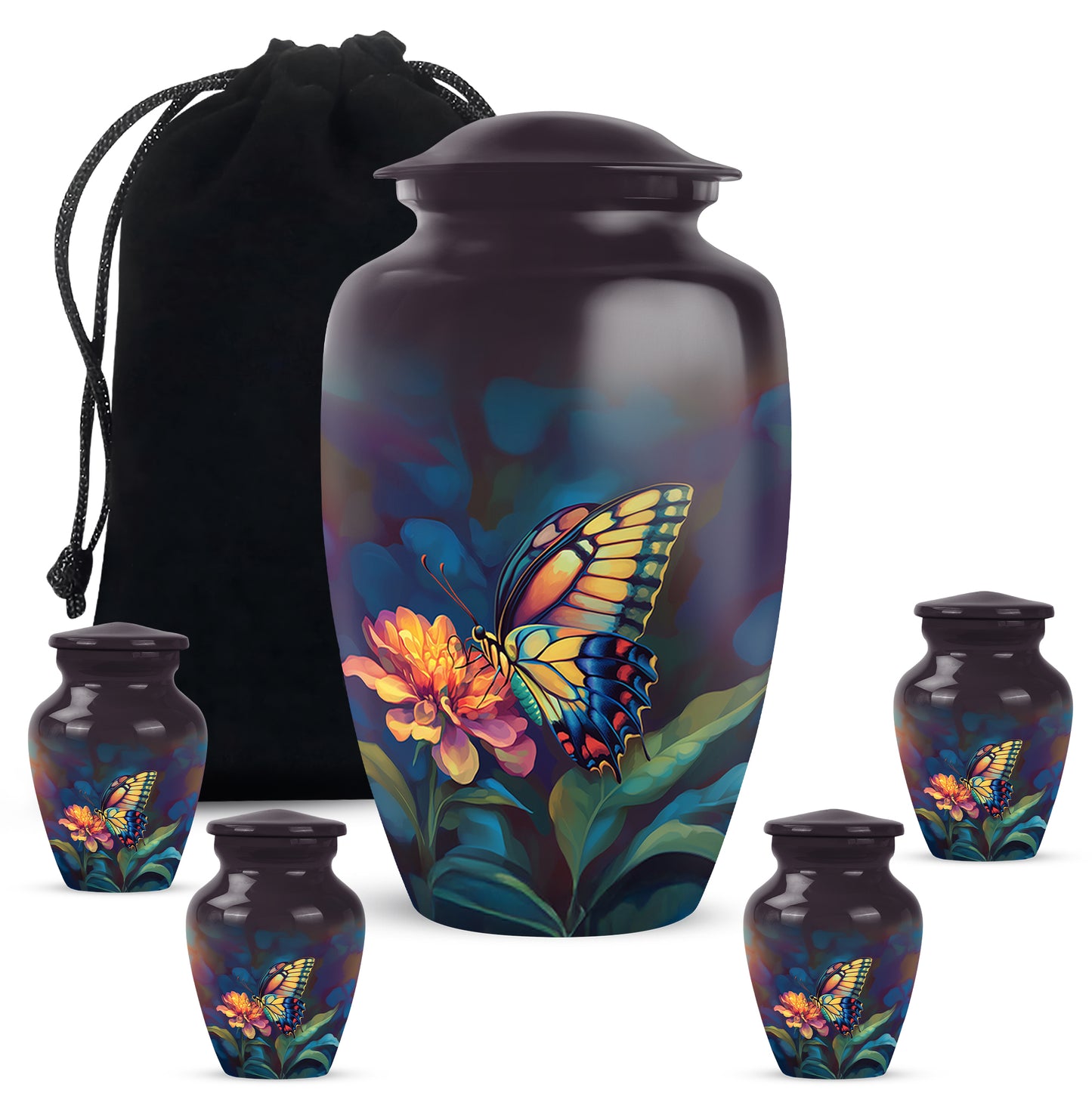 Midnight Black Butterfly Cremation Urn top-down view of secure threaded lid - traditional butterfly engraving with hand-polished finish - memorial set with one large and four small urns
