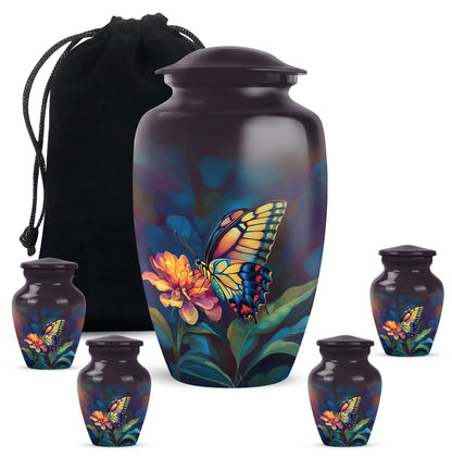 Midnight Black Butterfly Cremation Urn top-down view of secure threaded lid - traditional butterfly engraving with hand-polished finish - memorial set with one large and four small urns